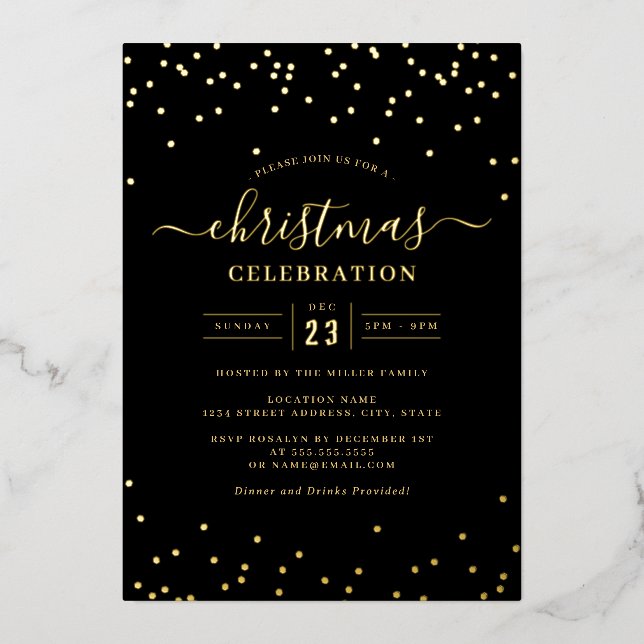 Invitation En Aluminium Confetti Gold Black Christmas Party (Recto)