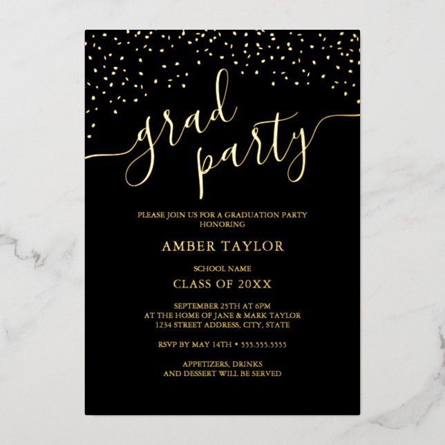 Invitation En Aluminium Confetti Gold Black Graduation Party (Recto)