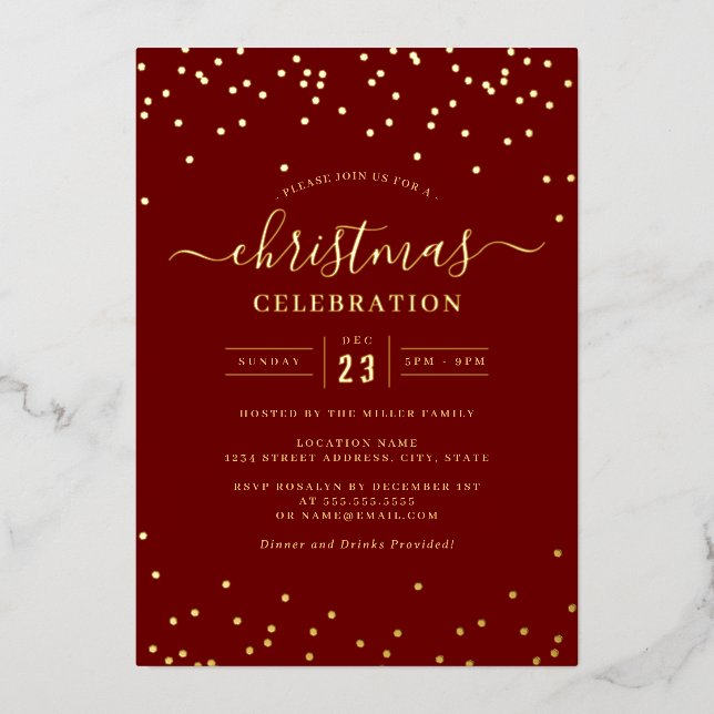 Invitation En Aluminium Confetti Gold Red Christmas Party (Recto)