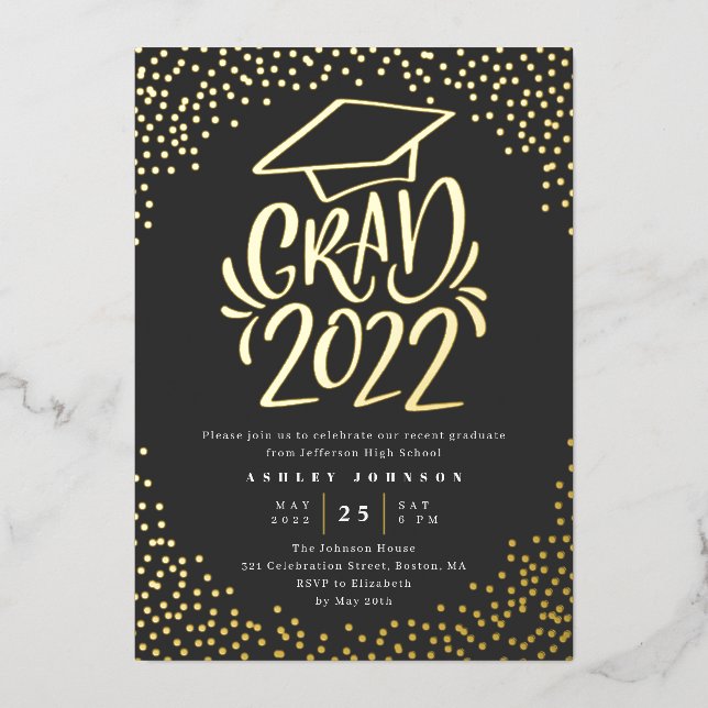 Invitation En Aluminium Confetti Lettered Grad 2022 Graduation Party Noir (Recto)