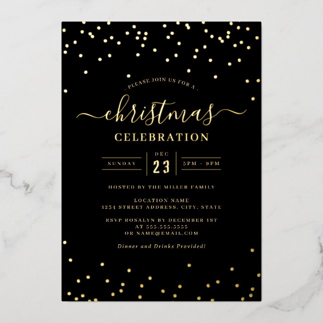 Invitation En Aluminium Confetti Or Noir Fête de Noël       (Recto)