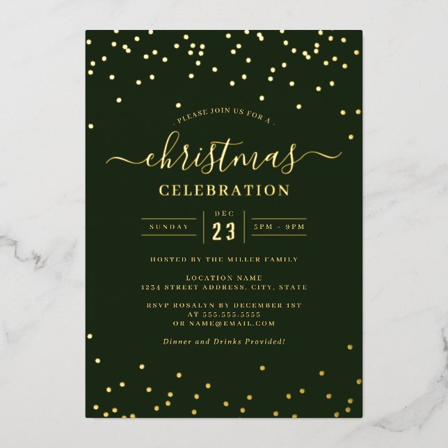 Invitation En Aluminium Confetti Or Vert Noël Fête       (Recto)