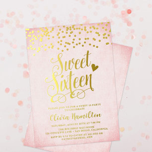 Invitation En Aluminium Confetti Rose & Or Sweet 16 Partie