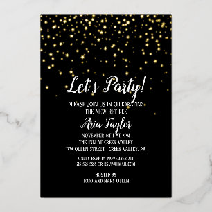 Invitation En Aluminium Confettis de fête sur fond noir Or de retraite dor