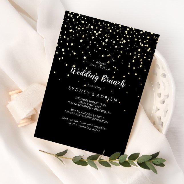Invitation En Aluminium Confettis dorés|Brunch de mariage noir (Créateur téléchargé)