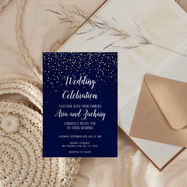 Invitation En Aluminium Confettis dorés|Célébration de mariage bleu marine (Créateur téléchargé)