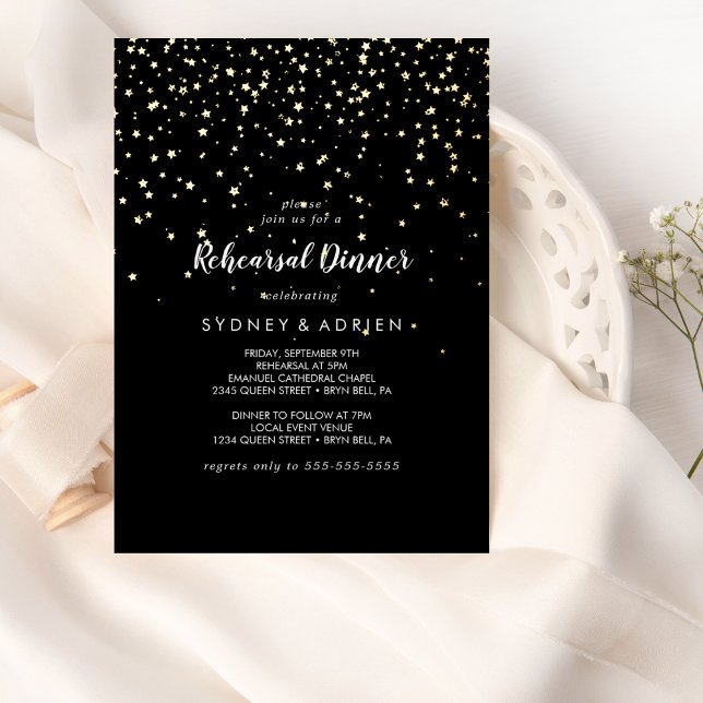 Invitation En Aluminium Confettis dorés|Dîner de répétition noir or (Créateur téléchargé)