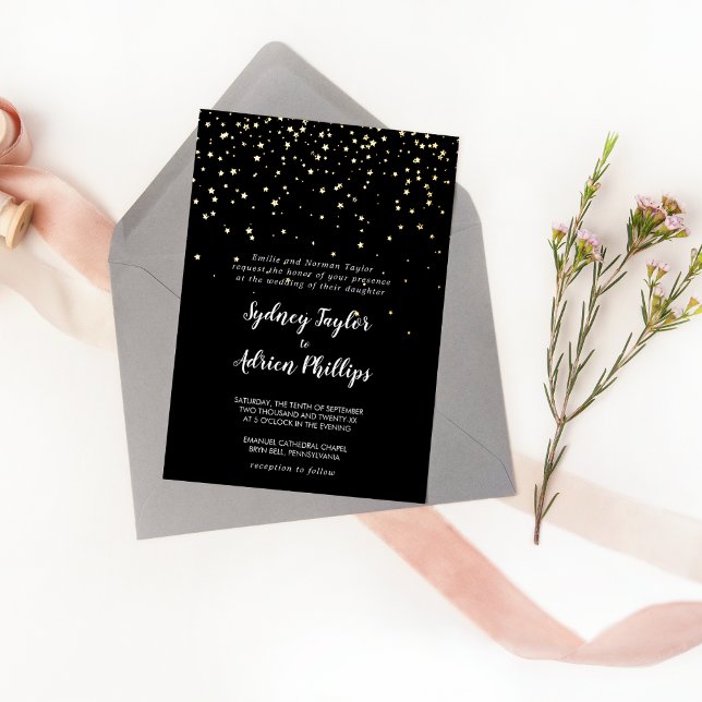 Invitation En Aluminium Confettis dorés|Or véritable mariage noir formel (Créateur téléchargé)