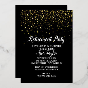 Invitation En Aluminium Confettis dorés sur fond noir Fête de retraite Or