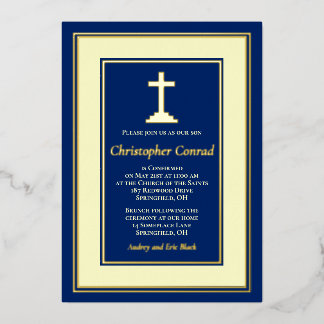 Invitation En Aluminium Confirmatio Catholique Navy Real Gold Foil