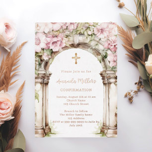 Invitation En Aluminium Confirmation aux florales roses et or rose beige