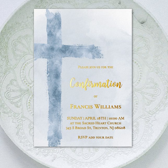 Invitation En Aluminium Confirmation croix bleue aquarelle (Créateur téléchargé)