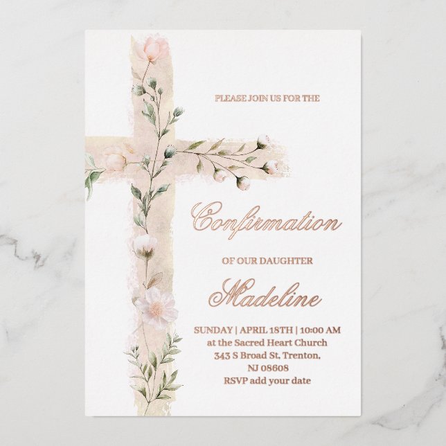 Invitation En Aluminium Confirmation de la Sainte Croix florale (Recto)