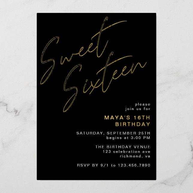 Invitation En Aluminium Cool Black & Gold Sweet sixteen Glam 16e anniversa (Devant)