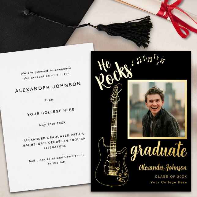 Invitation En Aluminium Cool photo moderne noir et or (Modern graduate photo cool minimalist electric guitar gold foil script black Graduation announcement)