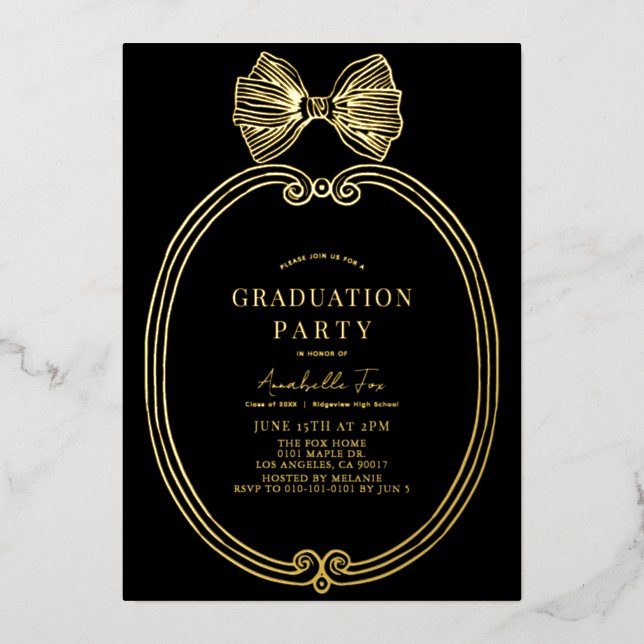 Invitation En Aluminium Coquette Gold Bow/Ribbon Black Graduation Party (Recto)