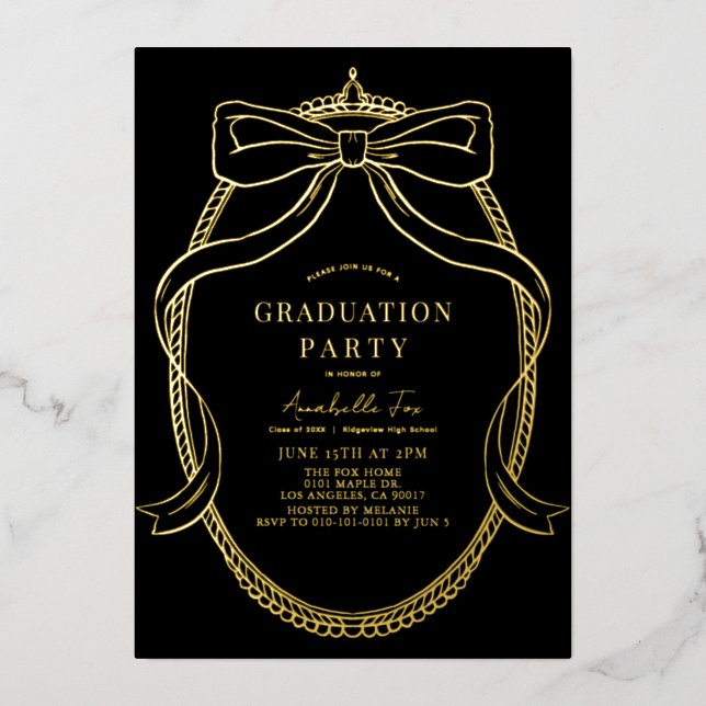 Invitation En Aluminium Coquette Gold Bow Ribbon Black Graduation Party (Recto)