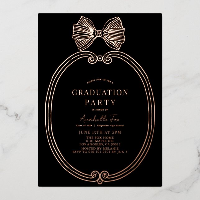 Invitation En Aluminium Coquette Gold Bow/Ribbon Black Graduation Party (Recto)