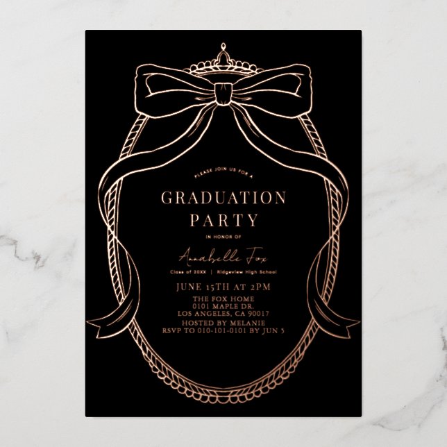 Invitation En Aluminium Coquette Gold Bow Ribbon Black Graduation Party (Recto)