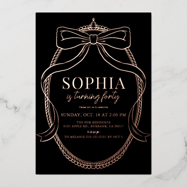 Invitation En Aluminium Coquette Gold Bow Ribbon Noir Adulte Anniversaire (Recto)