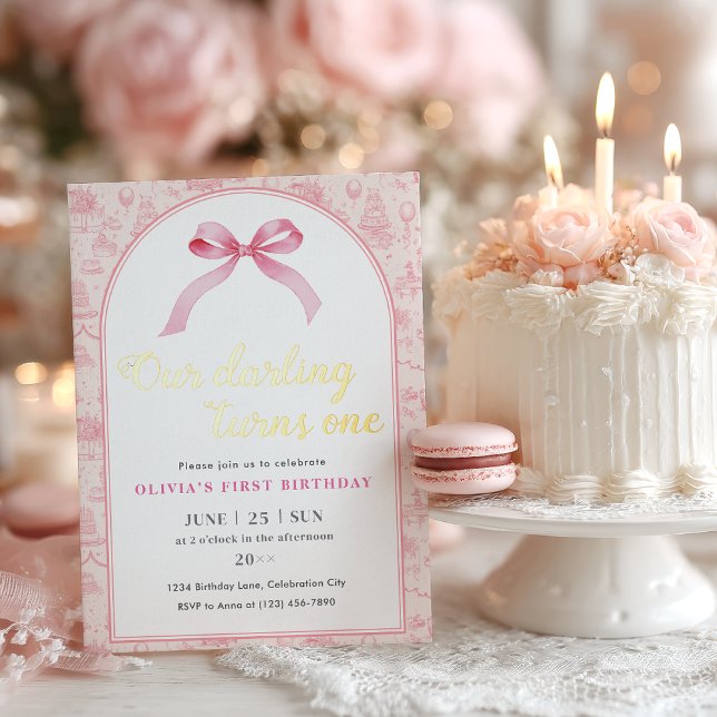 Invitation En Aluminium Coquette Toile rose Bow 1er anniversaire fille (coquette style 1st birthday invitation for baby girl, pink bow)
