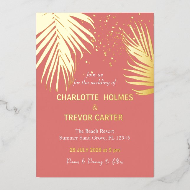 Invitation En Aluminium Coral Palms Tropical Summer Plage Mariage Or (Recto)
