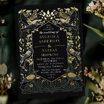 Invitation En Aluminium Corbeau gothique enchanté Floral Vert Mariage<br><div class="desc">Design mariage élégant, fantaisiste et gothique, idéal pour une célébration enchanteresse sur le thème de la forêt ou une affaire gothique sombre et humoristique. Ce design se décline dans un cadre d'épines bleues turquoises, de baies, de verdure et d'or. Objets correspondants dans notre boutique pour un thème de fête complet....</div>