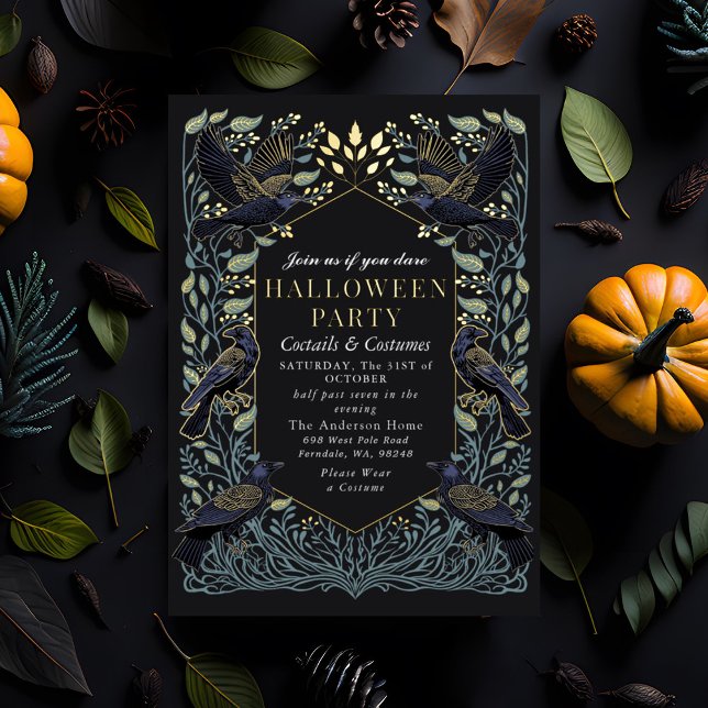 Invitation En Aluminium Corbeau gothique enchanté Halloween floral (Créateur téléchargé)
