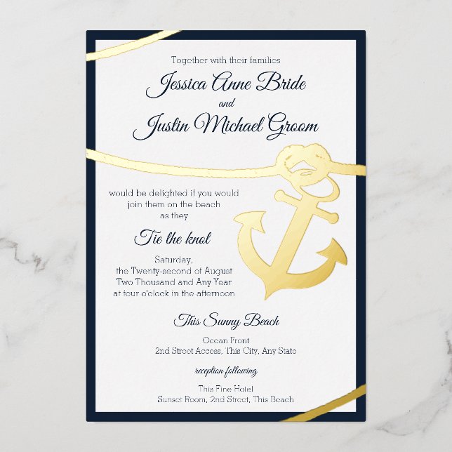 Invitation En Aluminium Corde nautique et Mariage Ancre (Recto)