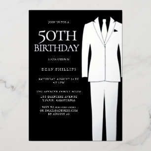 Invitation En Aluminium Costume argenté et cravate noire pour homme, fête