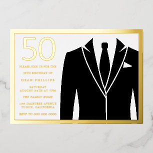 Invitation En Aluminium Costume & cravate dorés et noirs pour une fête d'a