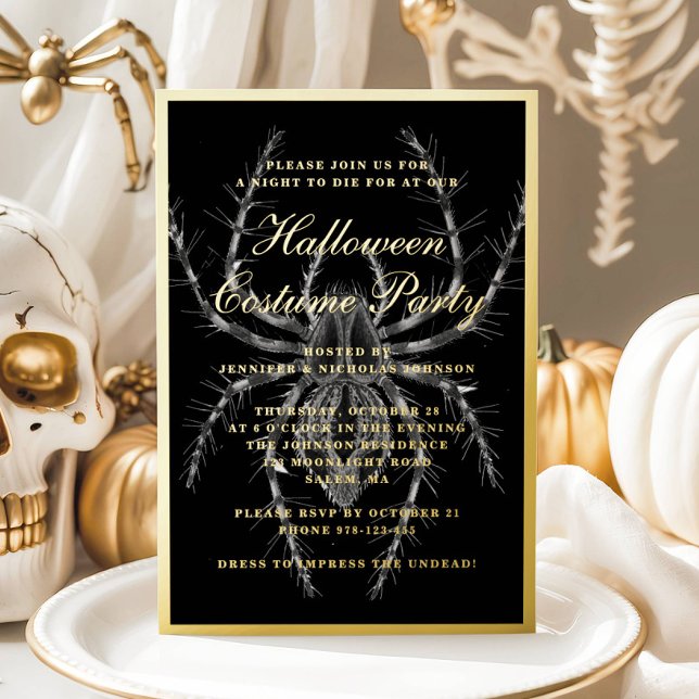 Invitation En Aluminium Costume de fête d'Halloween de l'araignée effrayan (Creepy Spider Halloween Costume Party Gold Foil Invitation)