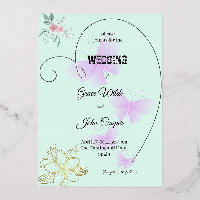 Invitation En Aluminium Couleur douce avec motif floral et papillon (Recto)