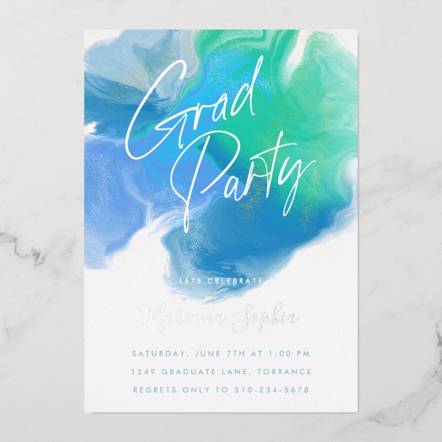 Invitation En Aluminium Couleur Laver Bleu Vert Grad Party Argent (Recto)