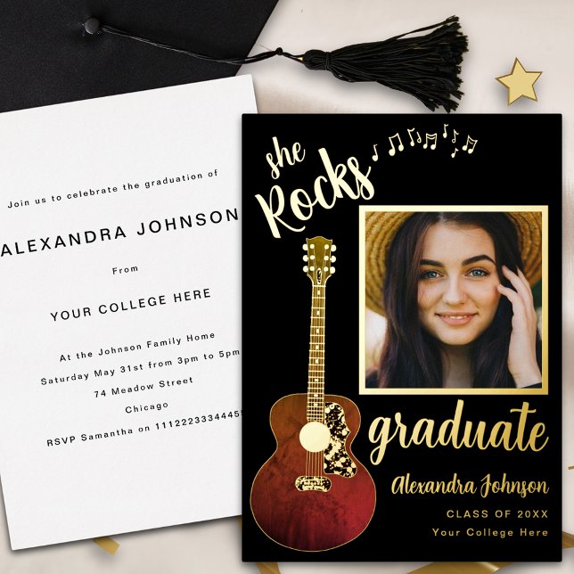 Invitation En Aluminium Country Music Graduate Party Script noir et or (Fun modern black and gold foil script graduate photo country music theme graduation party invitation)