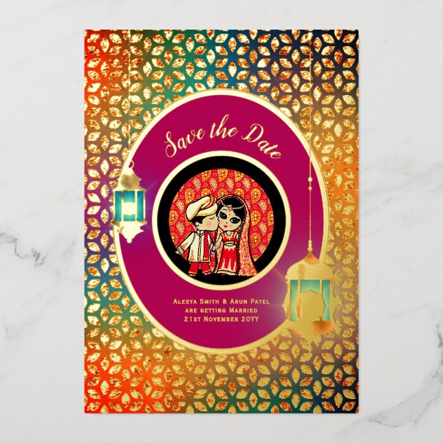 Invitation En Aluminium Couple indien VRAI OR FEUILLE Cute Sauver Date (Recto)