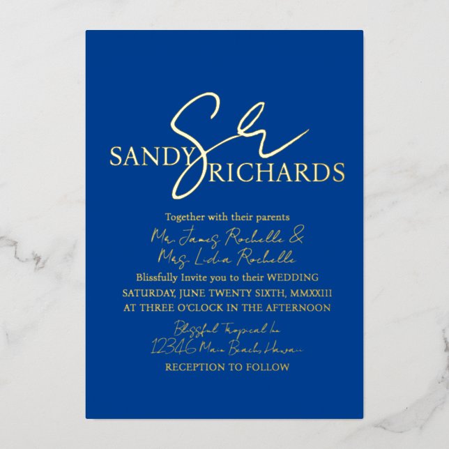 Invitation En Aluminium Couples Monogramme Blue Gold Mariage (Recto)