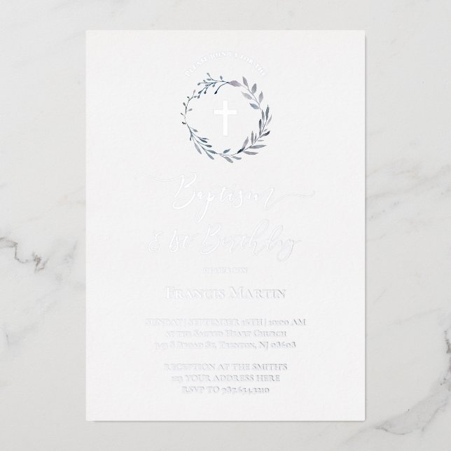 Invitation En Aluminium couronne bleue Baptême et premier anniversaire (Recto)