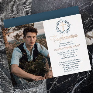 Invitation En Aluminium Couronne d'aquarelle bleue Confirmation de photo d