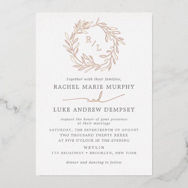 Invitation En Aluminium Couronne de feuilles de laurier botanique Monogram (Recto)