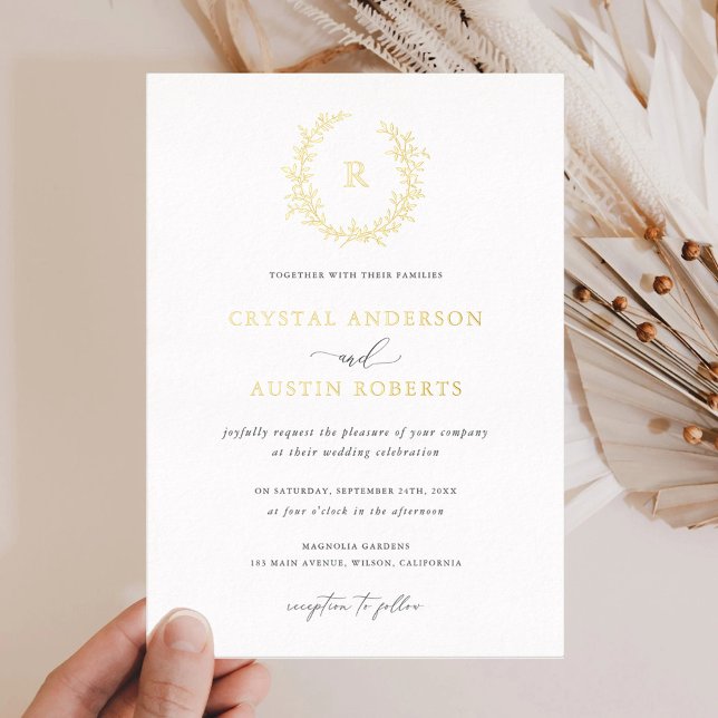 Invitation En Aluminium Couronne de feuilles élégante Monogramme Feuillage (Créateur téléchargé)