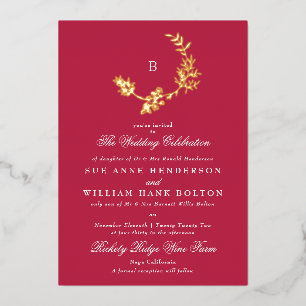 Invitation En Aluminium Couronne de fleurs classique monogramme rouge mage