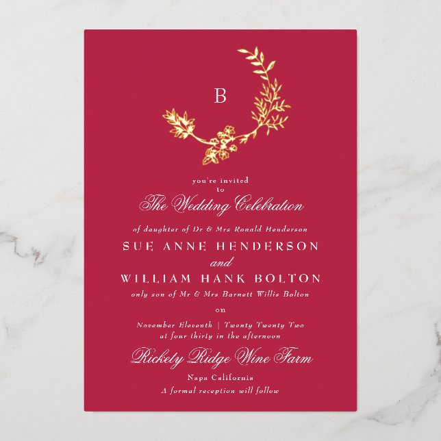 Invitation En Aluminium Couronne de fleurs classique monogramme rouge mage (Recto)