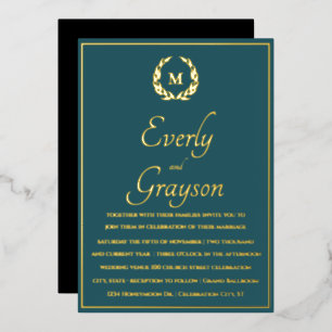 Invitation En Aluminium Couronne de laurier élégante sarcelle bleue et or 