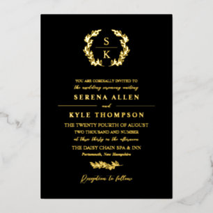 Invitation En Aluminium Couronne de laurier noir Monogramme Typographie Ma