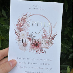 Invitation En Aluminium Couronne de mariage moderne boho rose poudrée arge