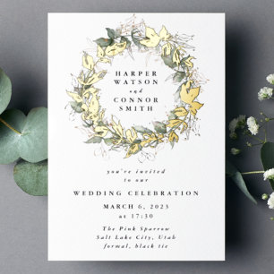 Invitation En Aluminium Couronne de mariage moderne en eucalyptus or vérit
