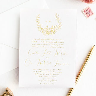 Invitation En Aluminium Couronne de monogramme classique subtil Mariage Or