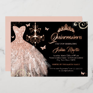 Invitation En Aluminium Couronne de papillon en or rose noire Robe Quincea
