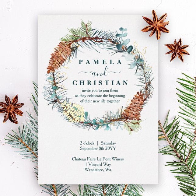 Invitation En Aluminium Couronne de Pinecone d'hiver, Mariage d'Eucalyptus (winter eucalyptus leaves rustic pinecones wedding invitation with gold foil pinecone & pine needles)